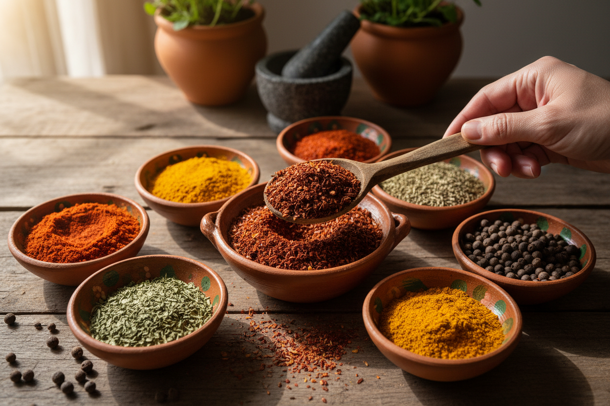 A rustic wooden spoon scooping a pile of vibrant mexican oregano and cumin seeds, surrounded by clay bowls of colorful spices. Top down view, rustic kitchen setting, natural sunlight."