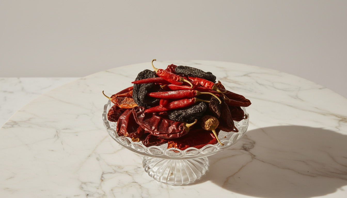 Dried red and black peppers on a decorative glass plate with a white marble background
