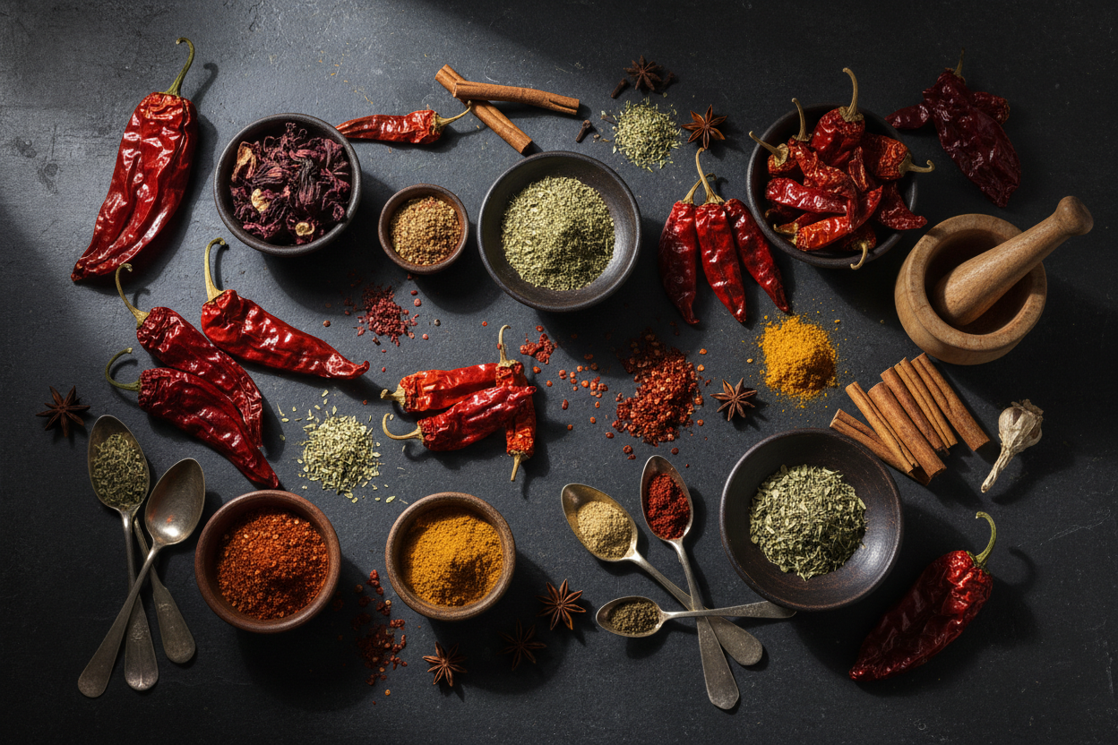 Professional food photography of assorted Mexican dried peppers and spices arranged neatly on a dark stone table. High contrast, dramatic lighting, deep reds and earthy tones, 8k resolution, elegant and premium look.